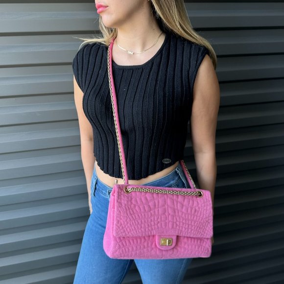 CHANEL Pink Jersey Crocodile Embossed Reissue 2.55 Classic 227 Flap Bag - Picture 2 of 13